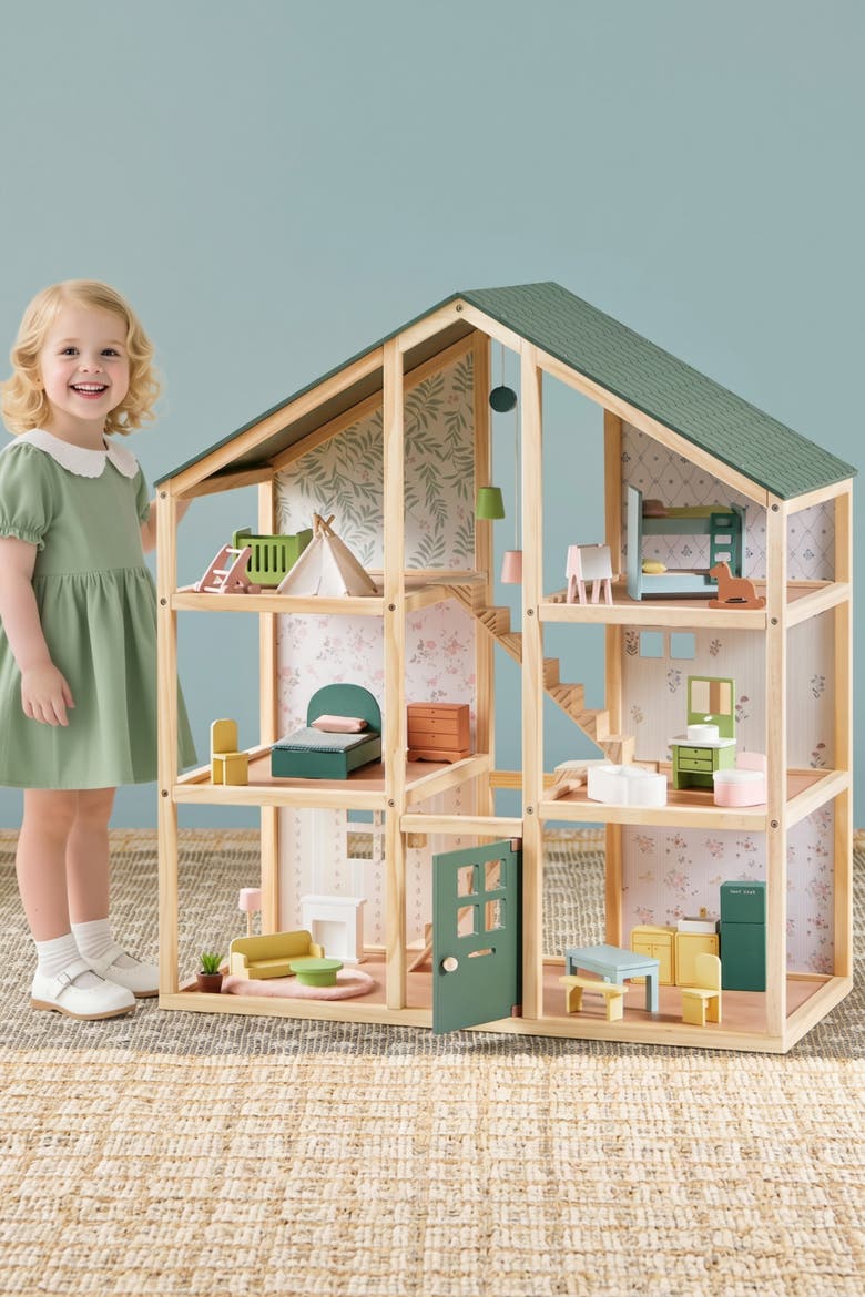 Wooden Dollhouse Set with 6 Rooms and 31 Piece Furniture for Kids, Main, color, Multicolor