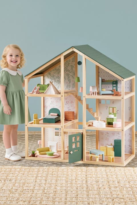 Wooden Dollhouse Set with 6 Rooms and 31 Piece Furniture for Kids