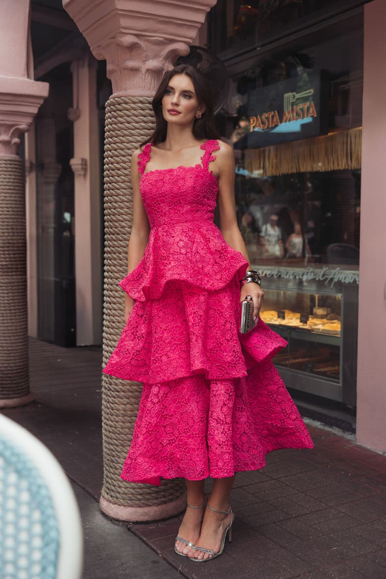 Sleeveless Embroidered Lace Ruffle Midi Dress, Alternate, color, Hot Pink