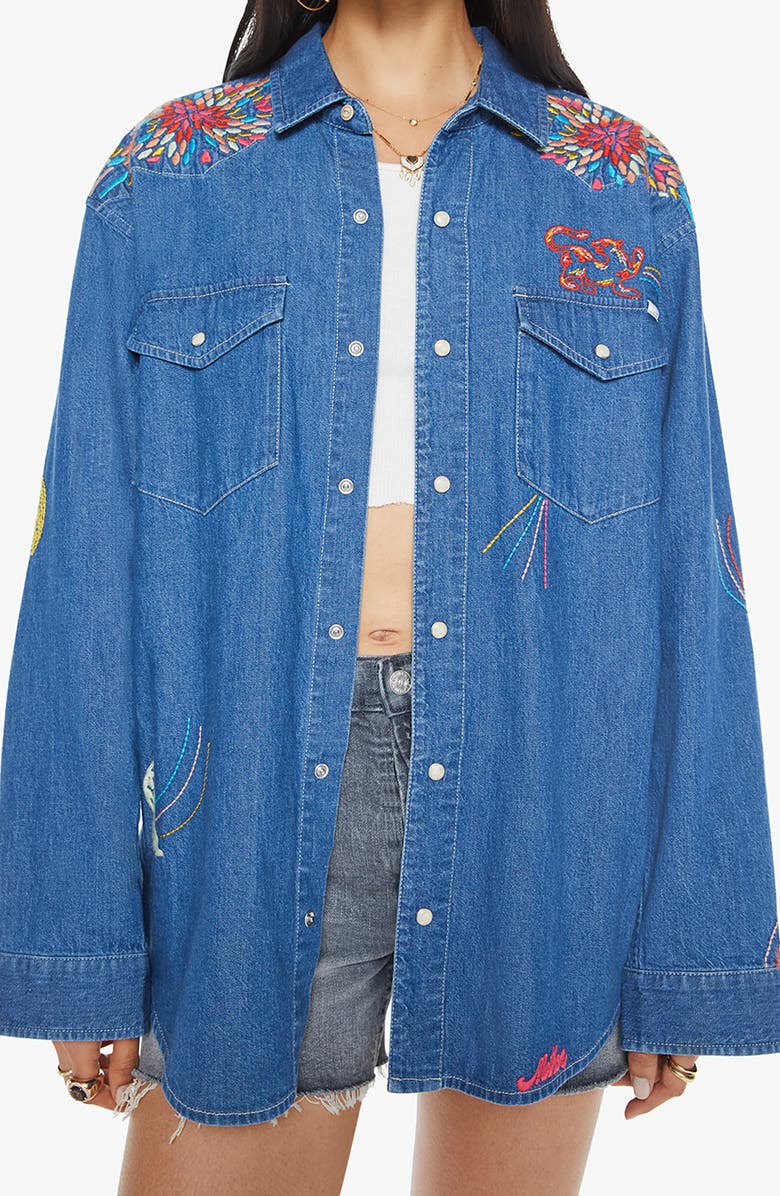 MOTHER The Exes & Ohs Embroidered Denim Western Shirt, Main, color,