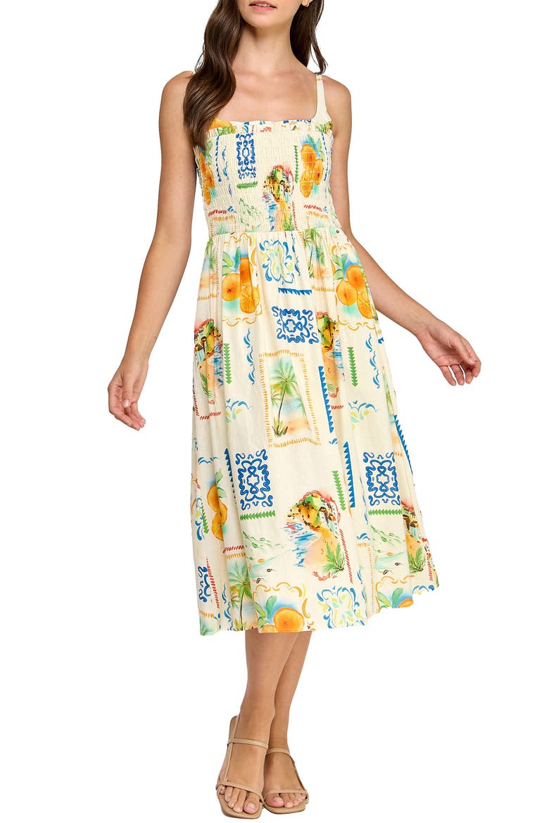 Cecelia Postcard Print Linen Blend Midi Sundress, Main, color, POSTCARD