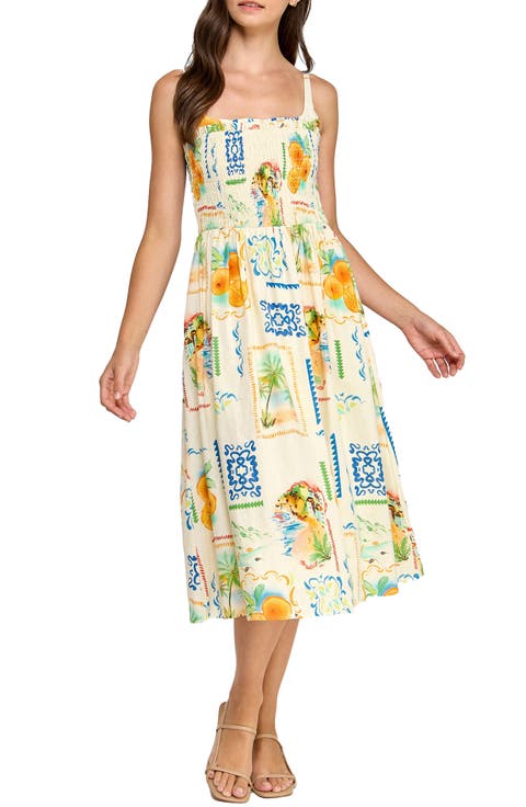 Cecelia Postcard Print Linen Blend Midi Sundress