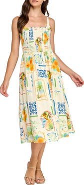 LAYERED WITH LOVE Cecelia Postcard Print Linen Blend Midi Sundress