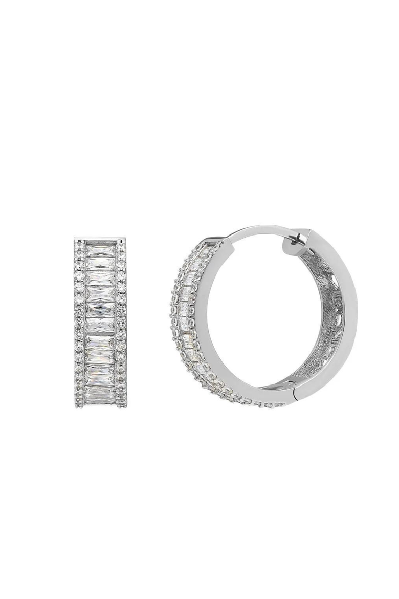 Baguette Cubic Zirconia Sterling Silver Pave Hoop Earrings, Main, color, Silver