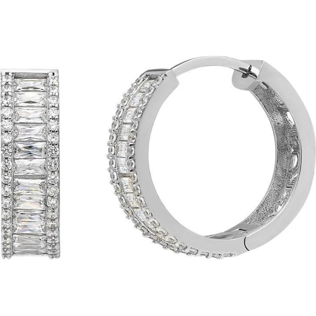 Spero London Baguette Cubic Zirconia Sterling Silver Pave Hoop Earrings In Metallic