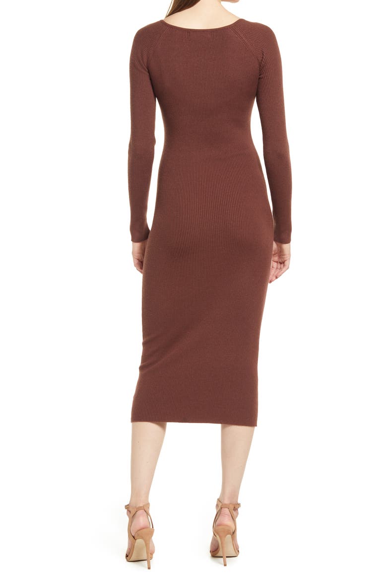 Gathered Front Cutout Long Sleeve Rib Midi Dress, Alternate, color, COFFEE
