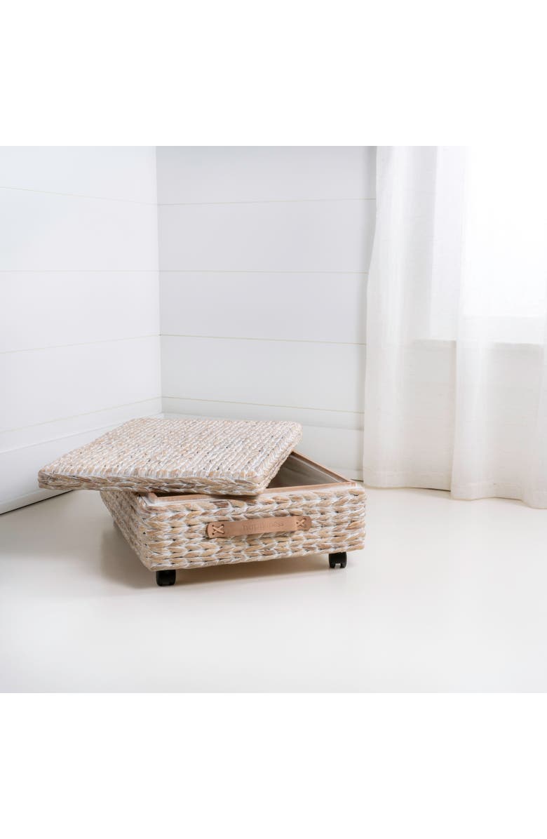 HAPPIMESS Chett Minimalist Hand-Woven Hyacinth/Wood Underbed Storage Bin with Wheels and Handles, Main, color, White Wash
