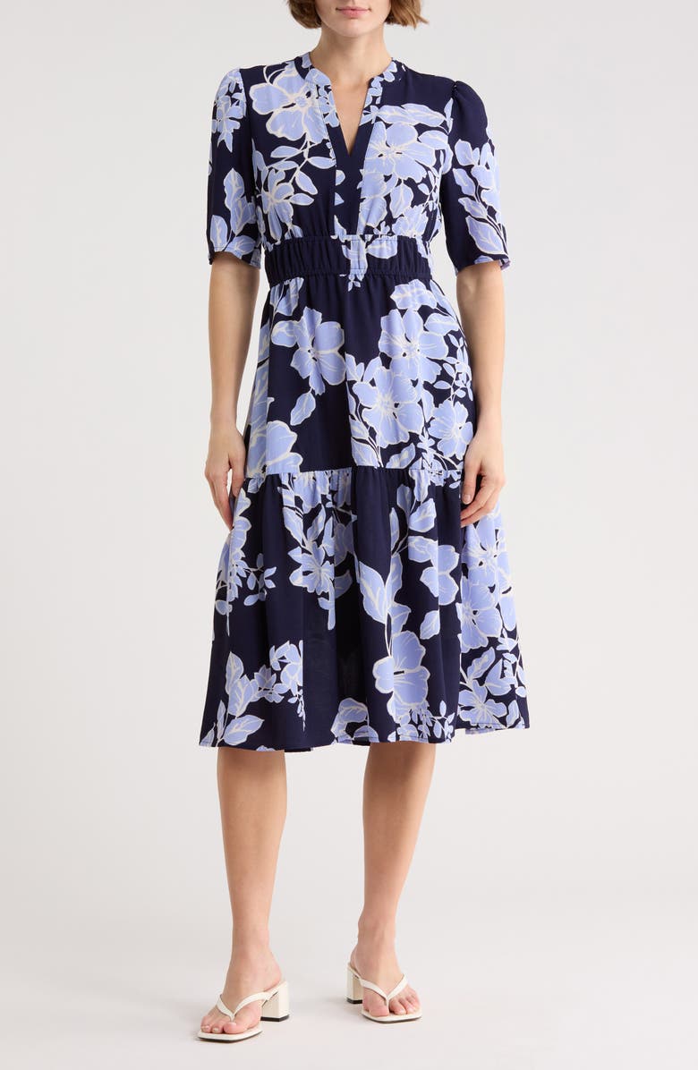 Eliza J Floral Short Sleeve Fit & Flare Midi Dress, Main, color, Navy