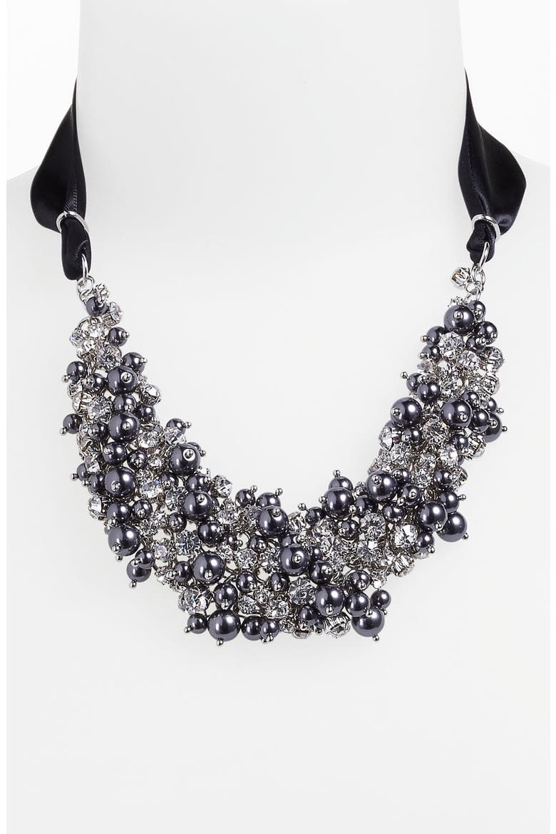 'Melaney' Ribbon & Cluster Bib Necklace, Main, color, BLACK PEARL/ CLEAR CRYSTAL
