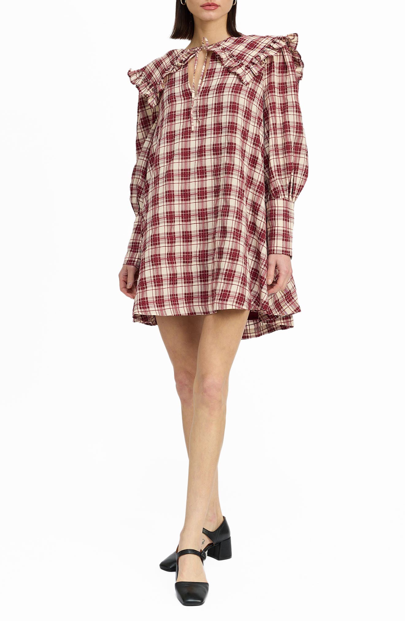 En Saison Colebee Check Long Sleeve Minidress in Bordeaux 
