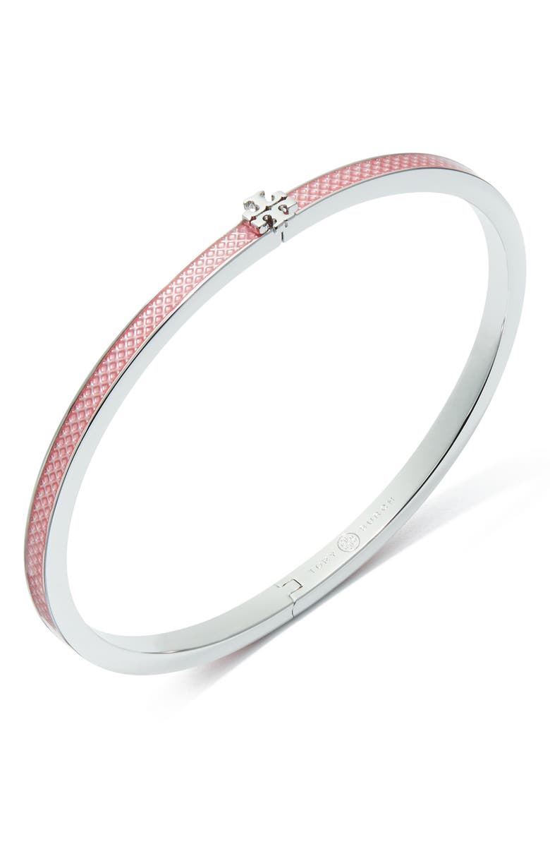 Tory Burch Kira Enamel Hinge Slim Bracelet, Alternate, color, Tory Silver / Pink