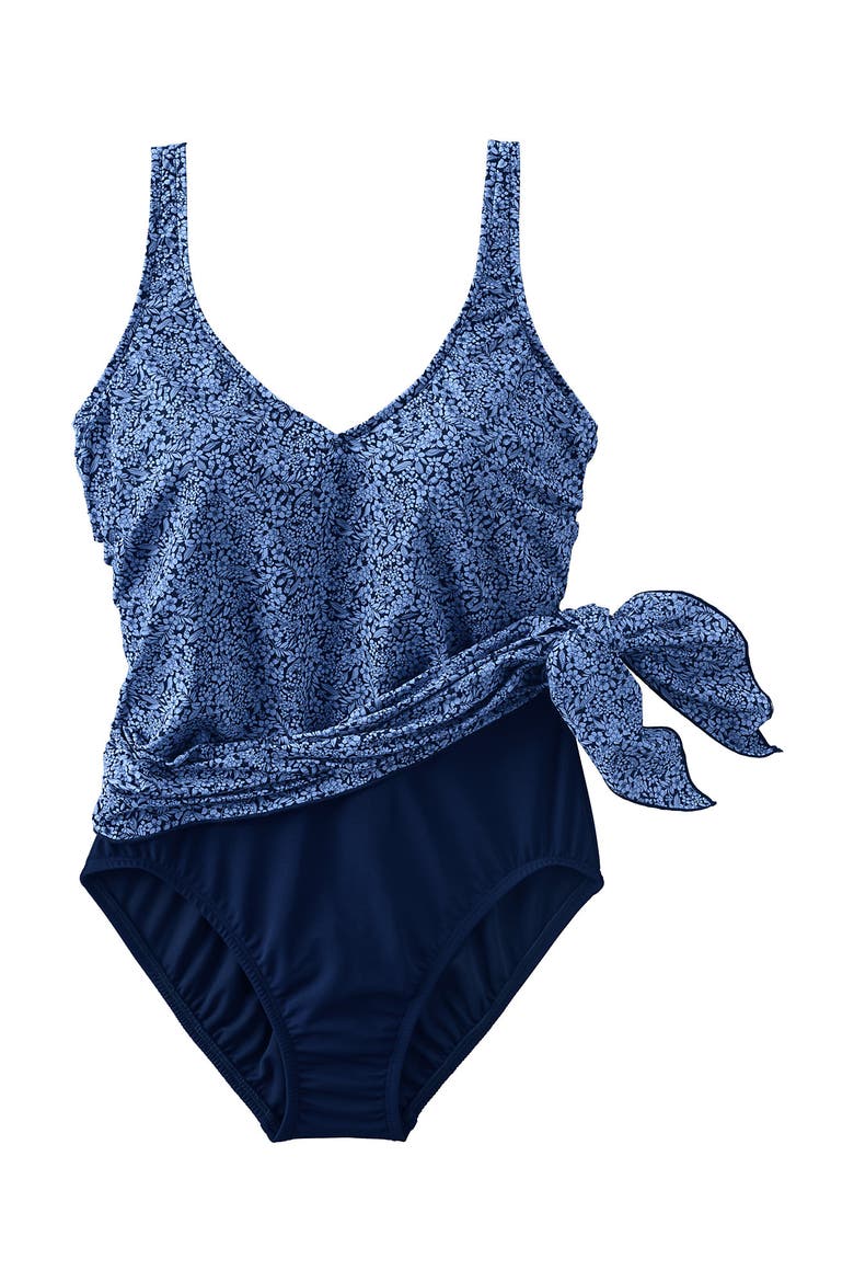 Slender Suit Fauxkini One Piece Swimsuit, Alternate, color, Cloud Blue/Navy Ditsy Lilies