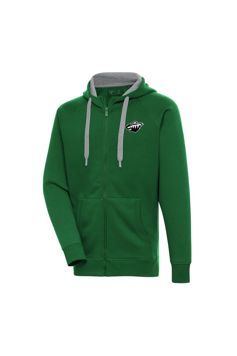 Men's Antigua  Green Minnesota Wild Metallic Logo Victory Full-Zip Hoodie, Main, color, Hunter Green