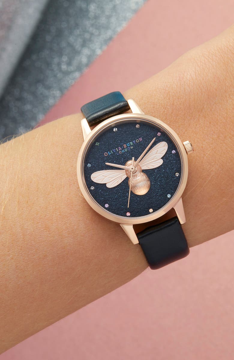 Olivia Burton Lucky Bee Black Glitter Dial Watch, 30mm, Alternate, color, Black