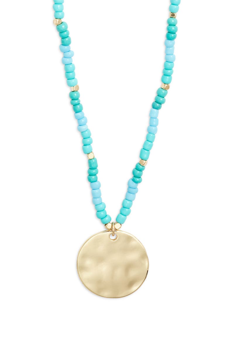 Hammered Coin Pendant Beaded Necklace, Main, color, TURQUOISE- GOLD