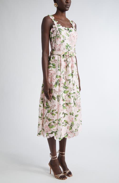 Oscar De La Renta Garden Rose Belted Silk Guipure Lace Midi Dress