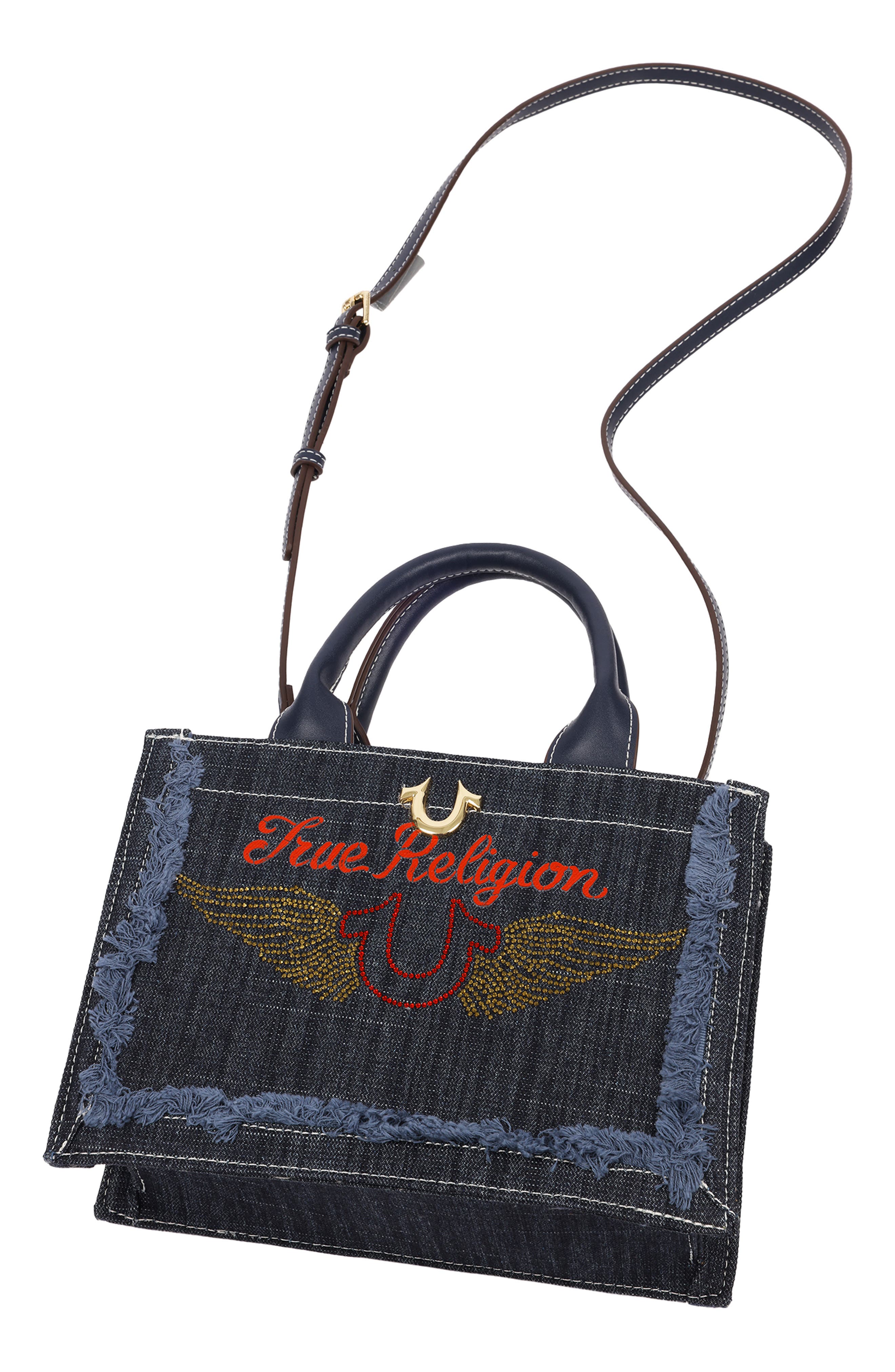 Moto Frayed Denim Tote Bag, Alternate, color, NAVY