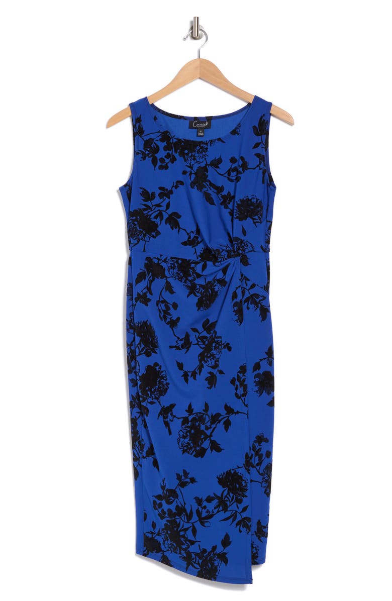 Connected Apparel Floral Flocked Sleeveless Faux Wrap Dress, Alternate, color, Cobalt