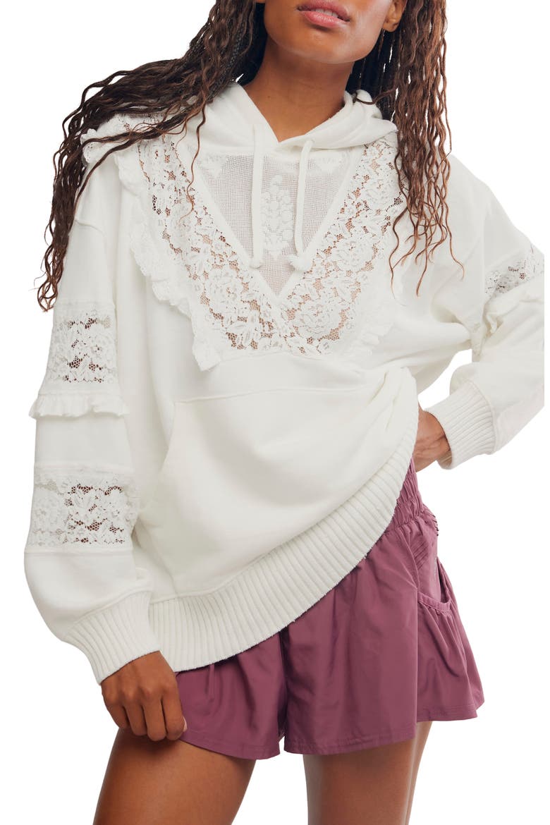 FP Movement Studio Tunic Hooded Lace Trim Sweatshirt, Main, color, IVORY