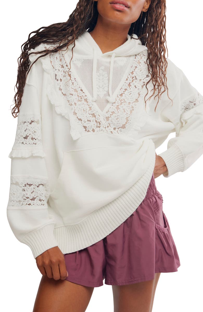 Free People Studio Tunic Hooded Lace Trim Sweatshirt, Main, color, Ivory