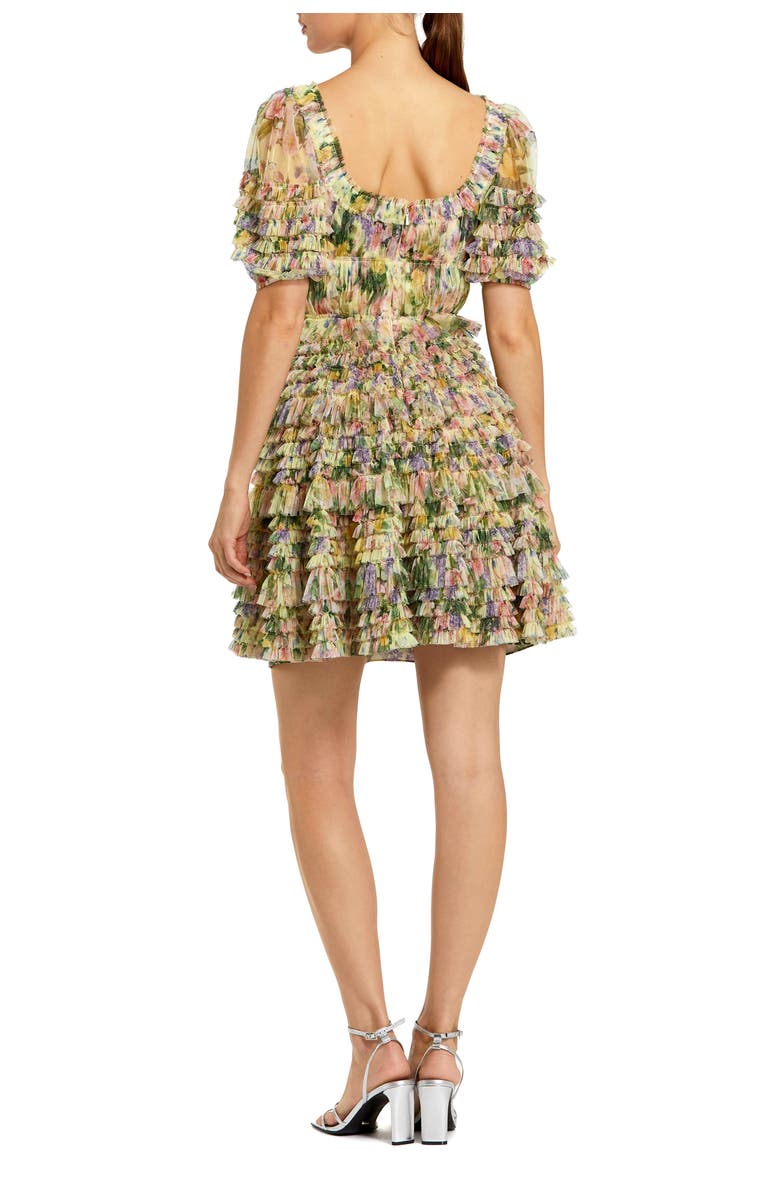 Mac Duggal Women's Floral Mesh Puff Sleeve Ruffle Mini Dress, Alternate, color, Yellow Multi