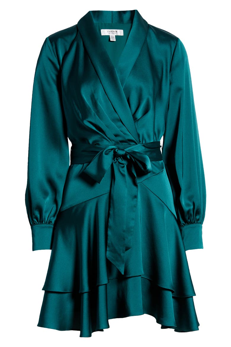 Mikayla Long Sleeve Satin Wrap Minidress, Alternate, color, WINTER EMERALD