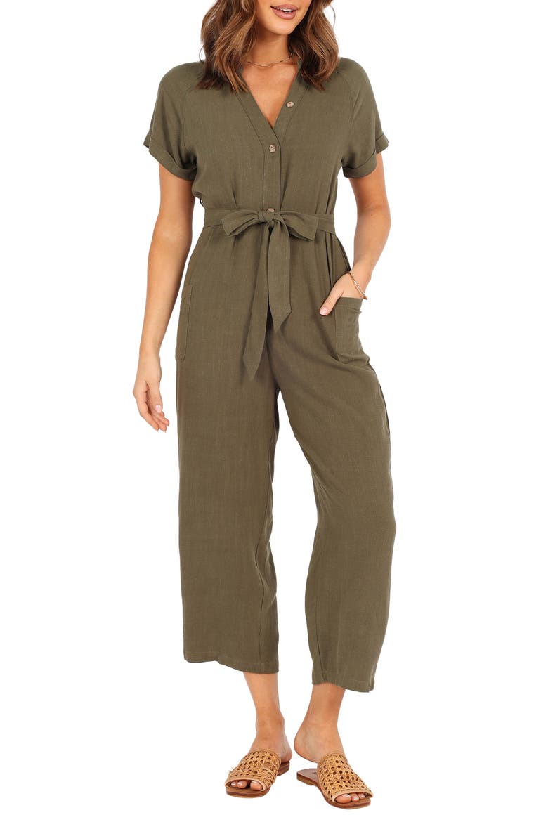 Archie Tie Waist Linen Jumpsuit, Main, color, OLIVE