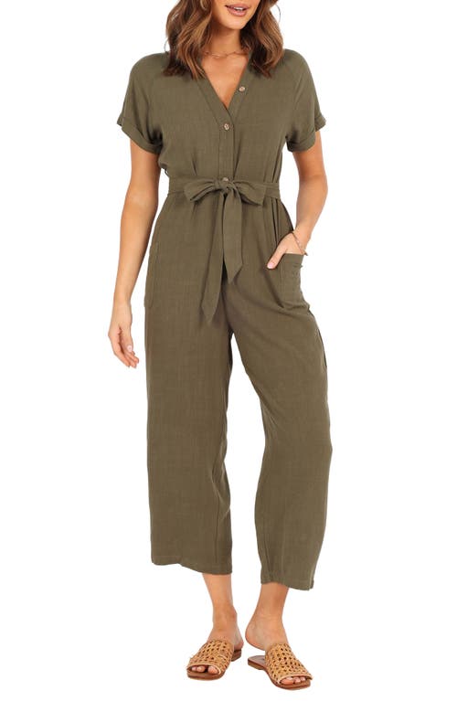 Petal & Pup Archie Tie Waist Linen Jumpsuit in Olive 