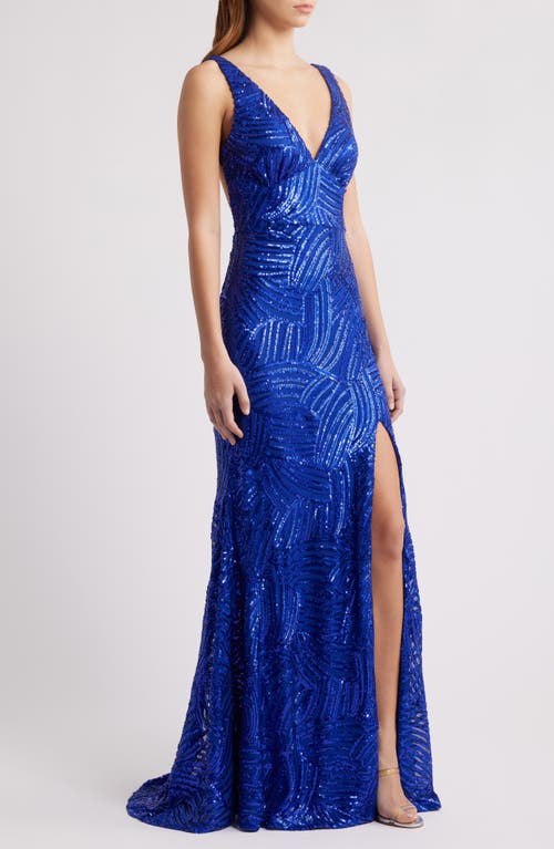 City Studio Royal Sequin Side Slit Gown In Royal Blue