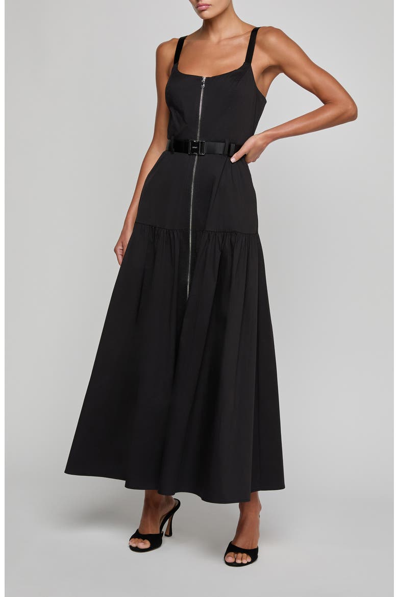 Rima Belted Front Zip Midi Dress, Main, color, BLACK