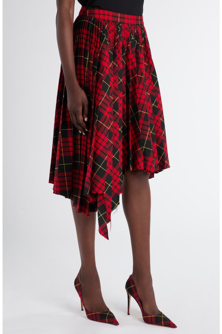 MacQueen Tartan Pleated Raw Edge Midi Skirt, Alternate, color, BORDEAUX