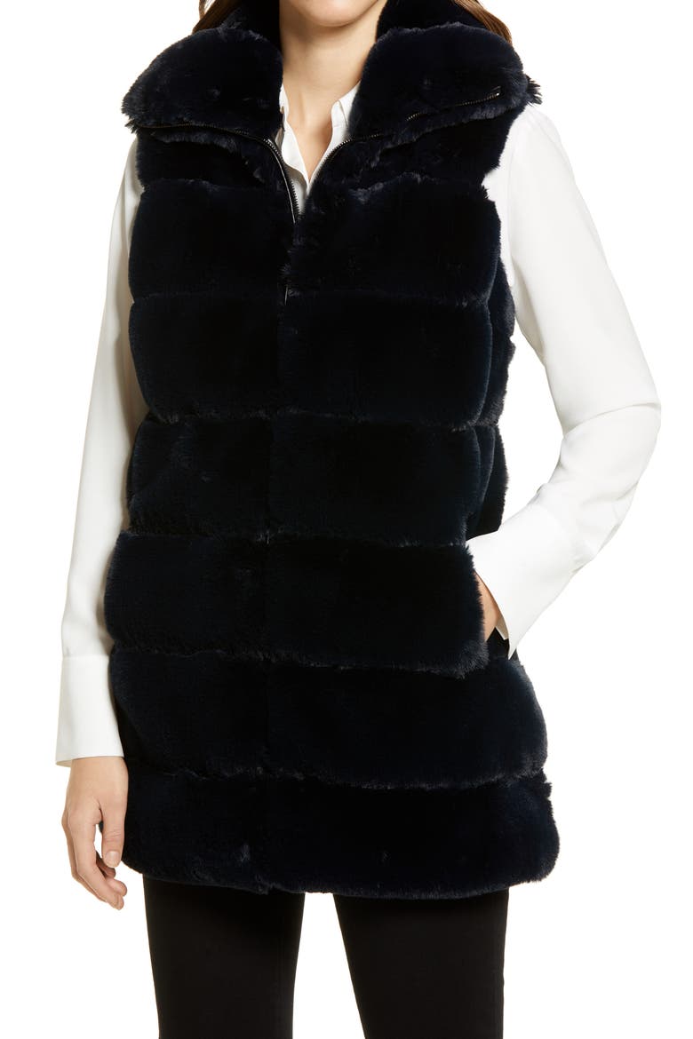 Hooded Faux Fur Vest, Alternate, color, NAVY
