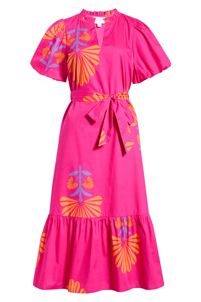 Melian Placed Floral Tiered Cotton Midi Dress, Alternate, color, FUCHSIA-ORANGE