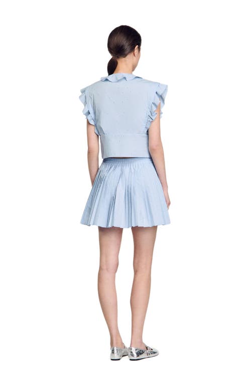 Sandro Womens Bleus Rhinestone-embellished Ruffled-trim Cotton Top In Sky Blue