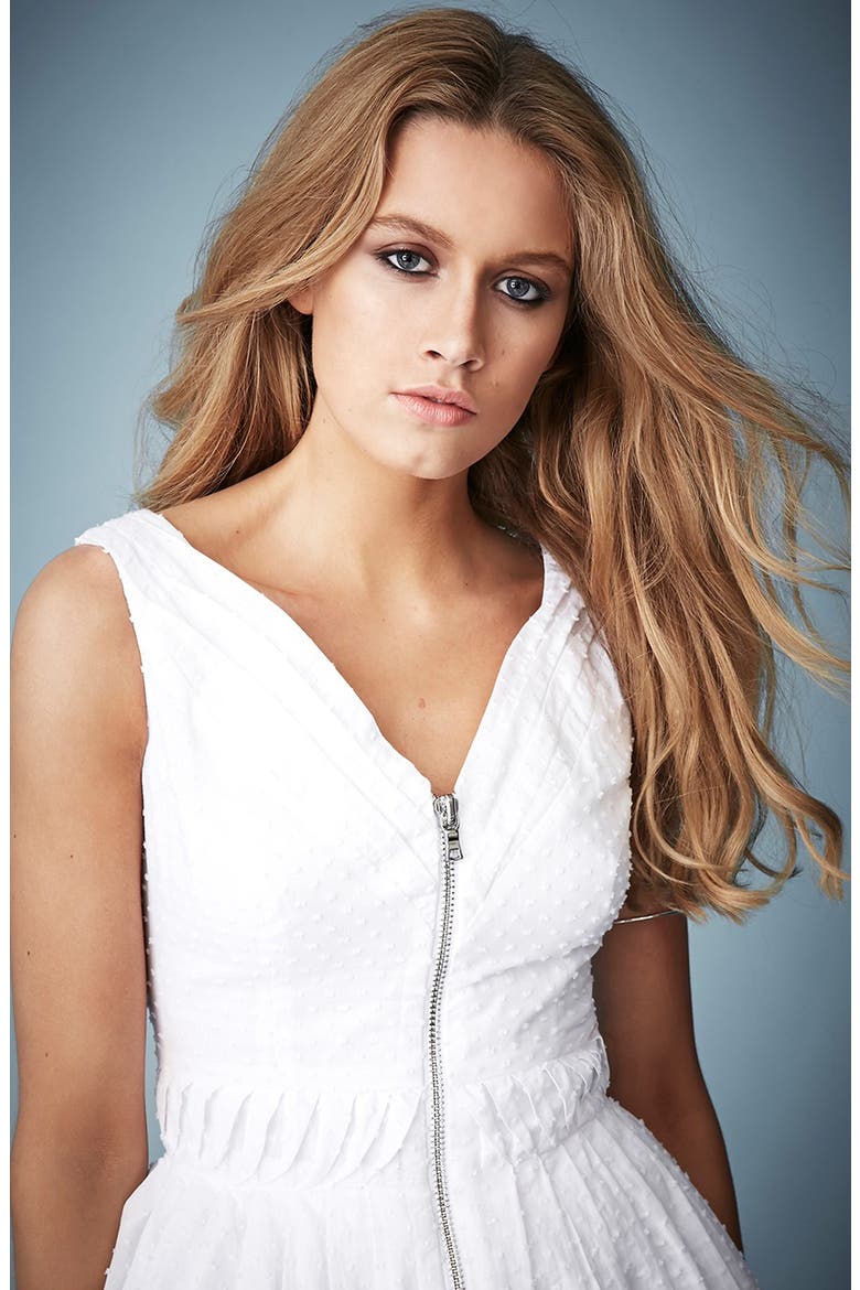 Kate Moss for Topshop Zip Front Cotton Dobby Sundress, Main, color, WHITE
