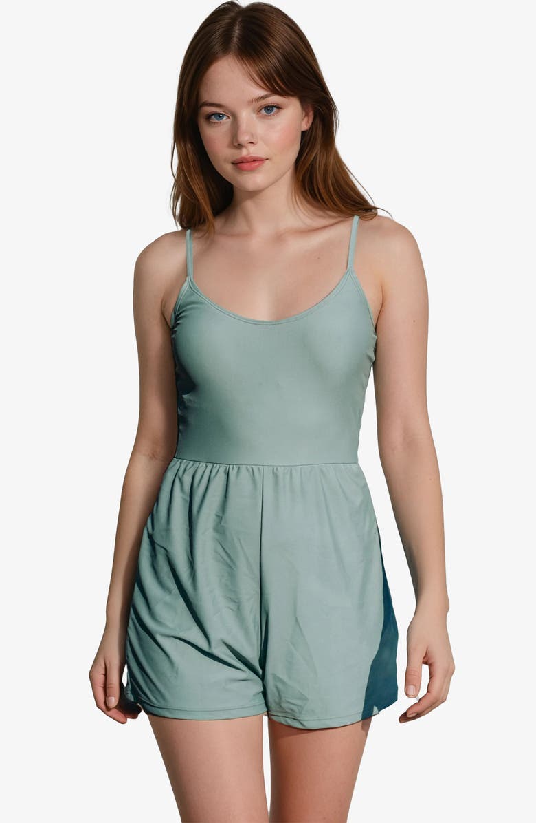 Calysa Ivy Short Swim Romper With Built-In Bra and Hidden Shorts, Main, color, Sage Green
