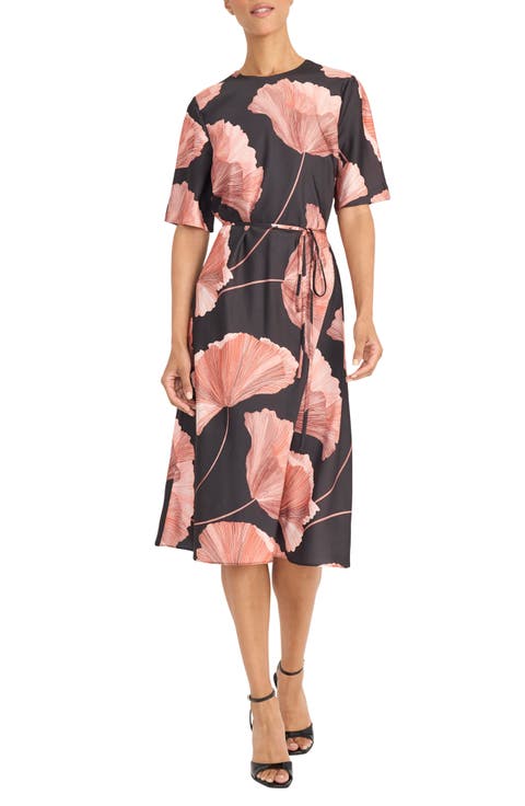 Floral Print Tie Belt Midi Dress