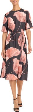 Maggy London Floral Print Tie Belt Midi Dress