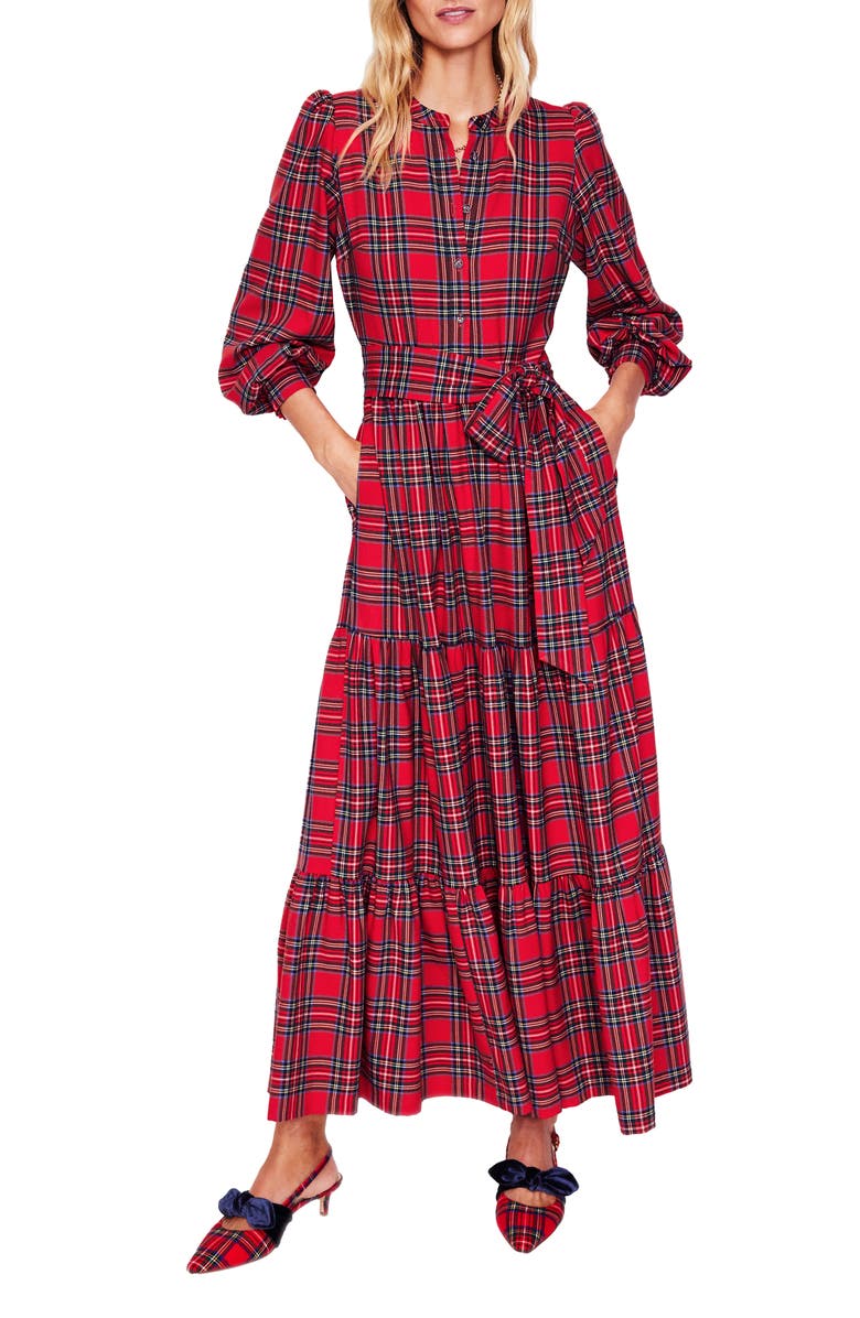 Boden Alba Check Tie Waist Long Sleeve Maxi Dress, Main, color, 