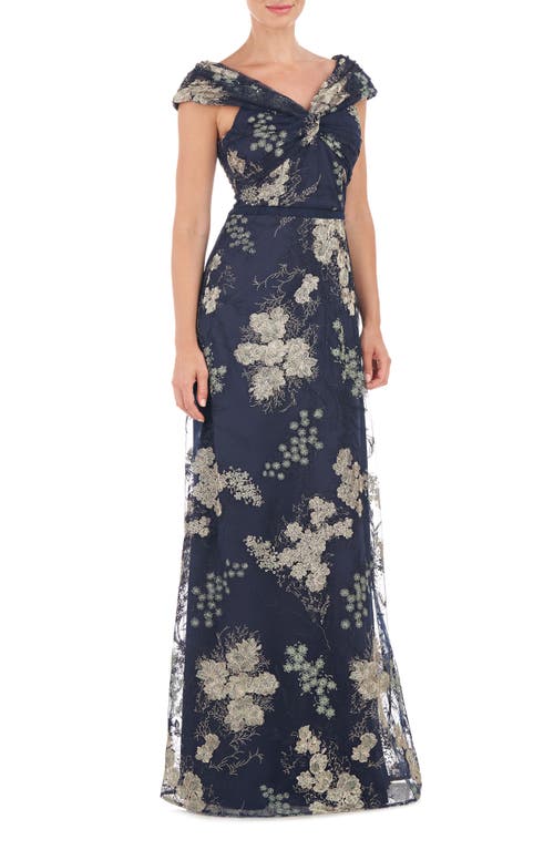 Js Collections Camilla Twist Floral Embroidered A-line Gown In Navy/jade