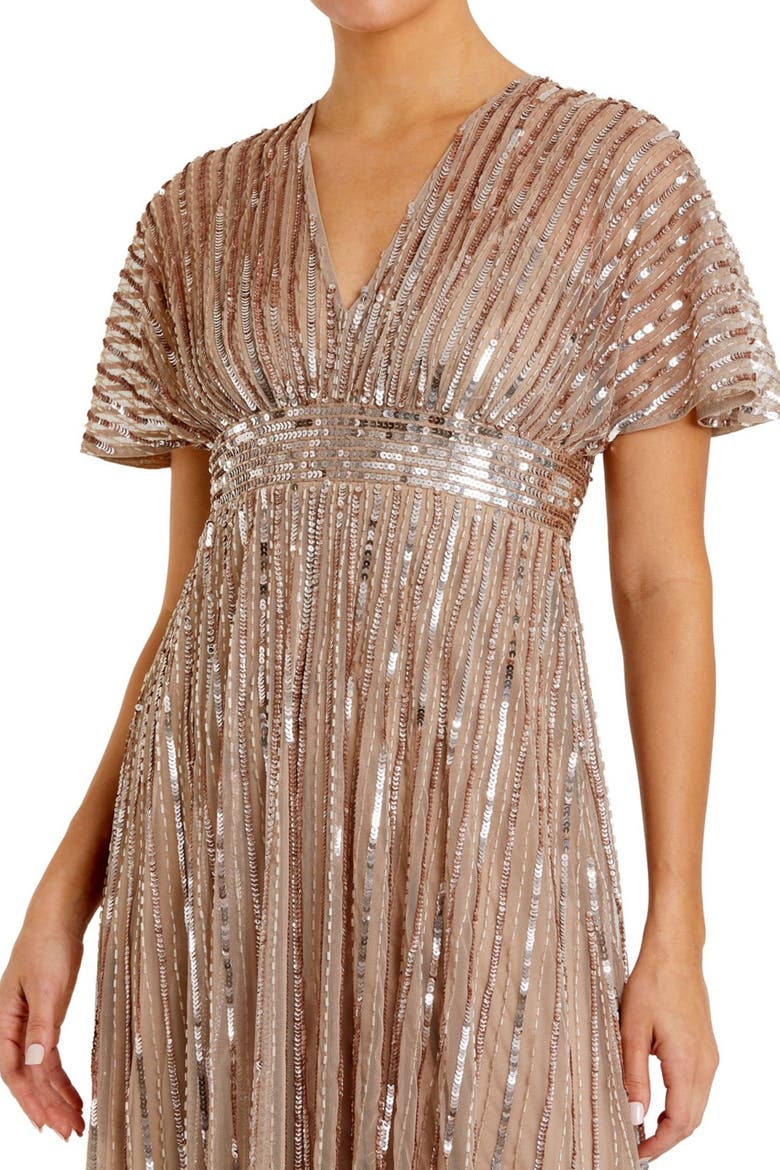 Women's Embellished Mesh V Neck Short Sleeve Gown, Alternate, color, Taupe