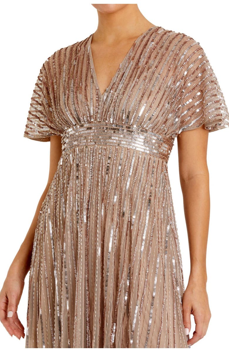 Mac Duggal Women's Embellished Mesh V Neck Short Sleeve Gown, Alternate, color, Taupe