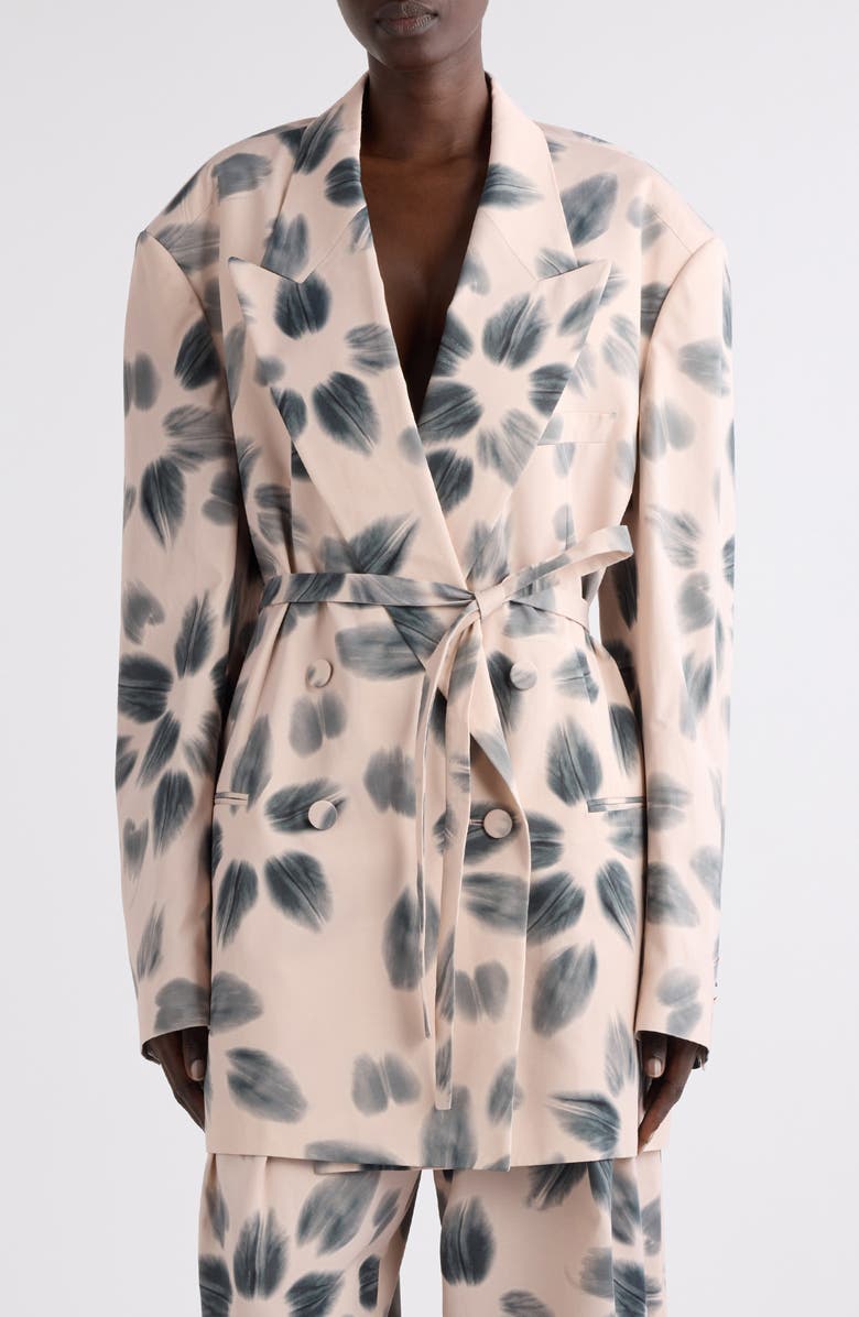 Dries Van Noten Blessy Floral Print Belted Double Breasted Blazer, Main, color, Blush