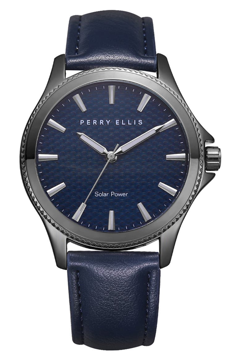 Solar Powered 3-Hand Quartz Leather Strap Watch, 41mm, Main, color, GUNMETAL