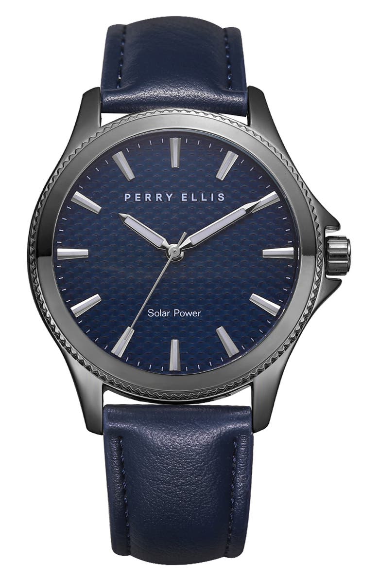 Perry Ellis Solar Powered 3-Hand Quartz Leather Strap Watch, 41mm, Main, color, Gunmetal/ Navy