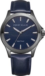 Perry Ellis Solar Powered 3-Hand Quartz Leather Strap Watch, 41mm