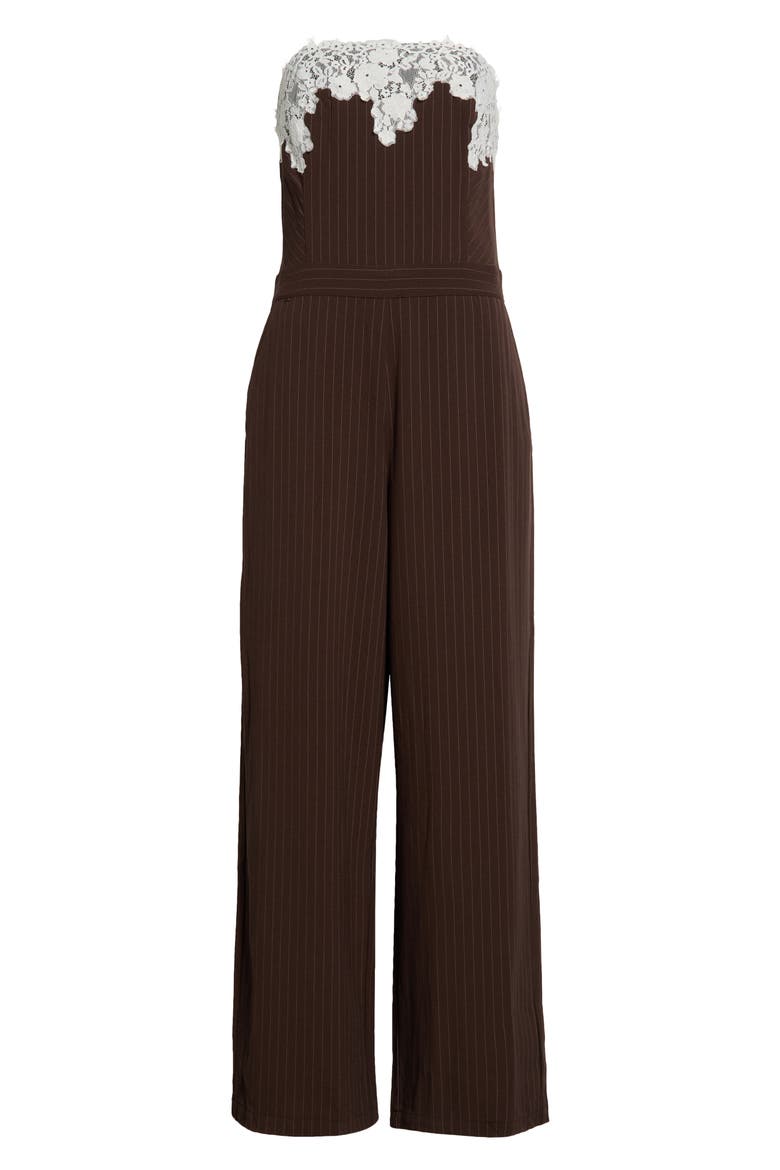Pinstripe Strapless Lace Trim Jumpsuit, Main, color, CHOCOLATE PINSTRIPE