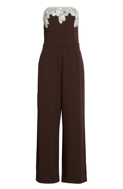 Pinstripe Strapless Lace Trim Jumpsuit