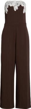 KITTENISH Pinstripe Strapless Lace Trim Jumpsuit
