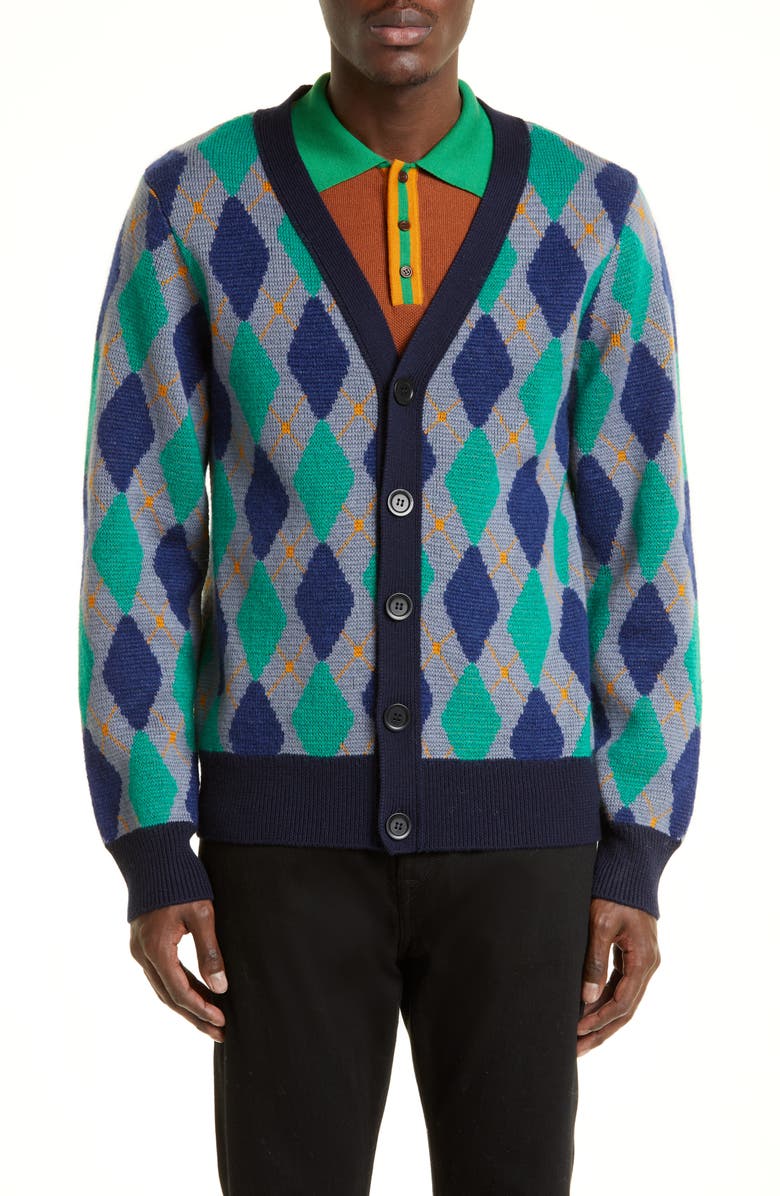 Wales Bonner Dub Argyle V-Neck Wool Cardigan, Main, color, 